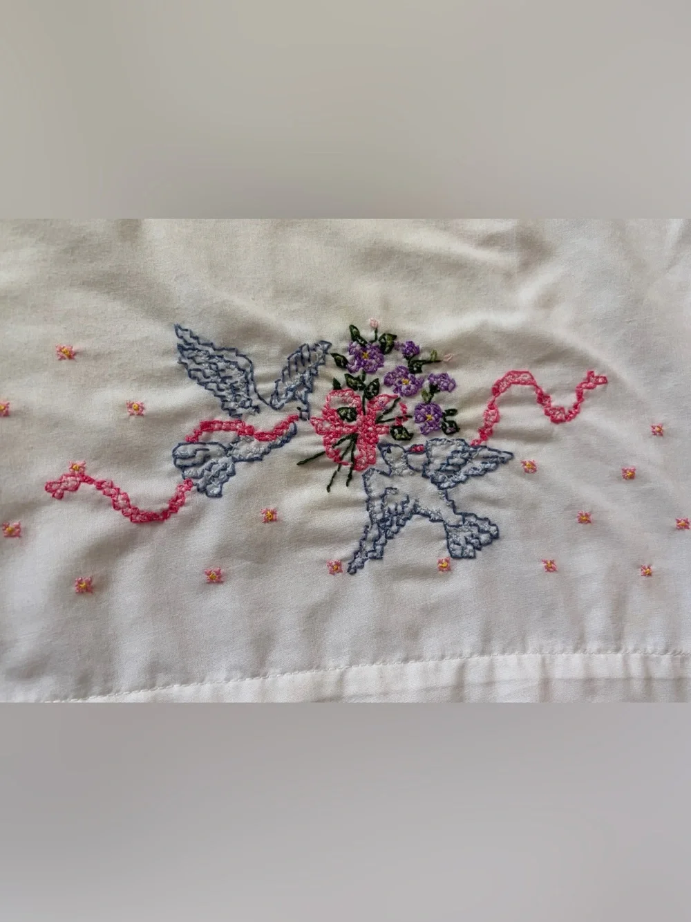 Bucilla White Pillowcases with Pink Ribbon & Multicolor Floral Embroidery - pair